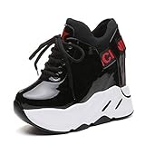  Generic Damen Wedge Platform Trainer Versteckte Ferse 12cm Freizeitschuhe Höhe Zunehmende Schnürschuhe Vulcanized Schuhe Weiß Schwarz Turnschuhe