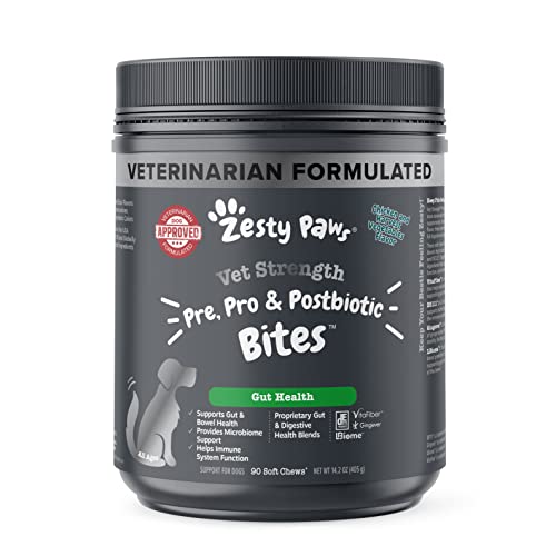 Zesty Paws Vet Strength Probiotic, Prebiotic & Postbiotic Soft Chews for Dogs - Digestive, Gut Flora & Immune Support Dog Supplement -DE111 Bacillus subtilis, VitaFiber & Ginger Extract - 90 Count