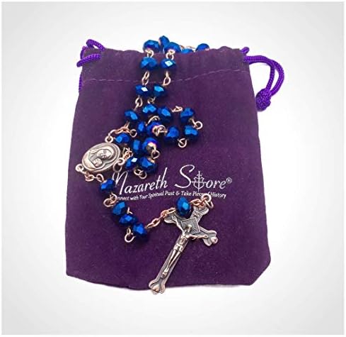 Nazareth Store Deep Blue Crystal Beads Rosary Necklace Catholic Prayer Holy Soil Medal Cross Holy Land Antique Religious Rosaries Beads Collection