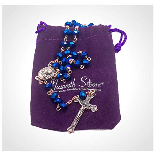 Nazareth Store Deep Blue Crystal Beads Rosary Necklace Catholic Prayer Jerusalem Holy Soil Medal Cross Holy Land Antique Religious Rosaries Beads Collection, 1.6" x 1" x 17", Glass