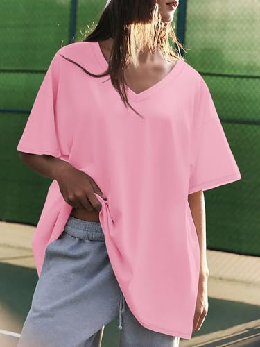 Image of ATHMILE Womens Oversized Shirts V Neck Plus Size Spring Workout Summer Tops Beach Vacation 2026 Gym Clothes Basic Tee