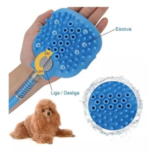 Mangueira Ducha Banho Pet Com Escova Massageadora 2 3m Silicone ABS Azul Economia Agua Cães Gatos