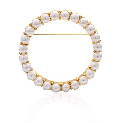 Image of Women's Elegant Zirconia Pearl Gold Open Ring Circle Wreath Brooch Pin Cardigan Scarf Lapel Pin Party Wedding Jewelry