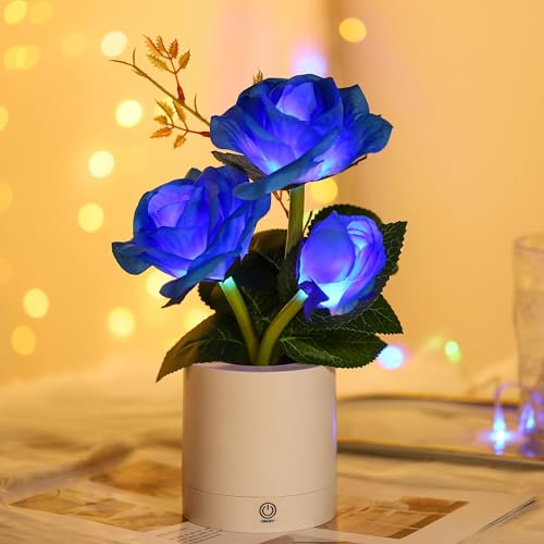 Image of Blue Rose Lamp for Womens Gifts, Flower Night Light for Relaxation and Serenity, Womens Her Mom Wife Girlfriend Friends for Valentines Christmas Day Anniversary Birthday Gifts (Blue)