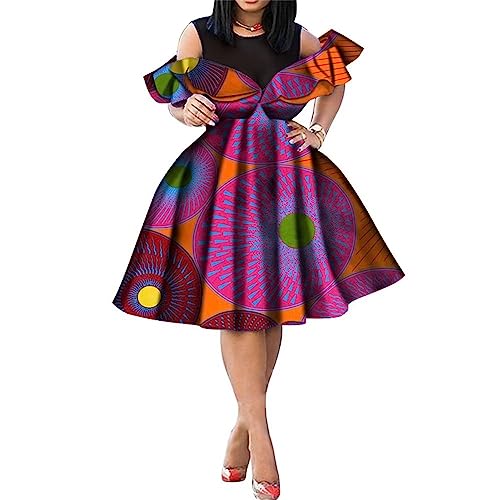 XIAOHUAGUA New African Dresses for Women Print Ruffles Sleeve O