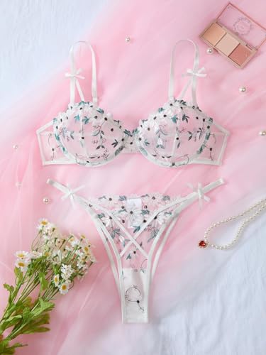 Image of Lilosy Sexy Underwire Cute Push Up Strappy Embroidered Mesh Sheer Lingerie Set See Through Panty Bra