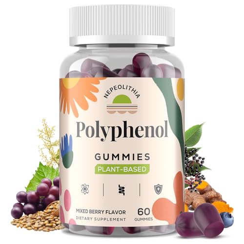 Polyphenol Gummies Plant-Based Formula with Resveratrol Elderberry Grape Turmeric Green Tea Cranberry Extract Vitamins & Minerals Superfood Blend Mixed Berry Flavor 60 Gummies
