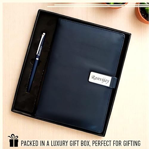 Image of SAVRI A5 Personalized Leather Diary & Engraved Pen - Custom Name Executive Notebook with Employee Name & Company Logo - Non-Dated, Joining Kit, Corporate Gift, Office, Travel & Birthday Gift (Blue)