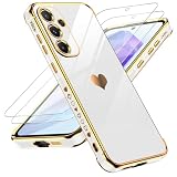 LeYi Cover per Samsung Galaxy A55 5G Custodia con Vetro Temperato [2 Pack], Amore Cuore Paraurti Morbido TPU Sottile Case con Protezione Fotocamera per Samsung A 55 Donne, Bianco