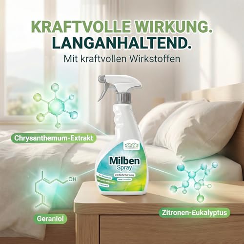 HomeBugProtect Milbenspray 500ml - Anti Milben Spray gegen Hausstaubmilben, Milbenspray für Matratzen als effektiver Schutz für Allergiker auch im Umfeld von Hunden und Katzen