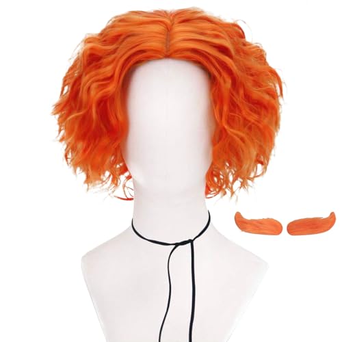 Soyusunny Short Afro Curly Mad Hatter Cosplay Wigs Halloween Party Costume for Women Men with Eyebrow(Light)