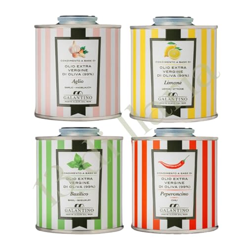 4 Latas de Aceite de Oliva Virgen Extra Natural 100ml | 99% EVOO de Apulia | Ajo, Limón, Albahaca y Chile | Condimento Gourmet Italiano Artesanal | 100% Natural