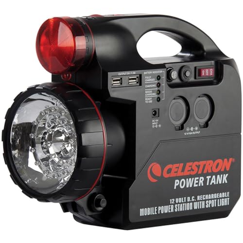 Celestron – PowerTank 12 Telescope Battery – Rechargeable Portable 12V Power Supply for Computerized Telescopes – 84 Wh Power – Built–in 2 USB Ports, Cigarette Lighter Adapter, Built-in Flashlight