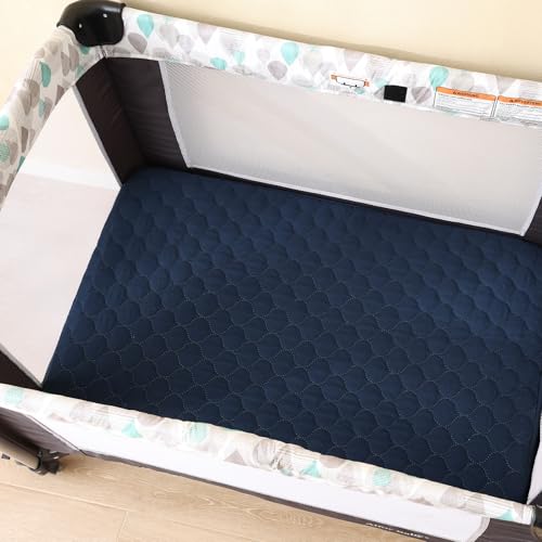 Image of david's kids 2 Pack 38''x25'' Waterproof Mini Crib Mattress Protector, Fitted Pack N Play, Playard and Mini Crib Mattresses, Ultra Soft Breathable Pad Cover for Boys Girls Neutral, Grey & Navy Blue