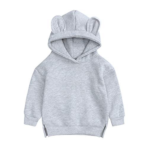 Baby Unisex Cotton Solid Hoodies, Toddler Sweatshirt Kids Cute Ear Hoody Tops Pullover Fall Winter Clothes Gray