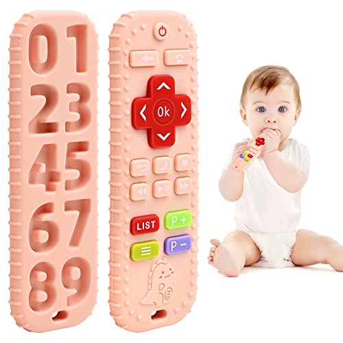 Teething Relief Teethers Toys for Babies 3-6 12 Months Gifts, Food Grade Silicone Sensory Remote Control Baby Teether Bath Toys for 3 9 18 Months Newborn Infant Boy Girl Autism, Pink
