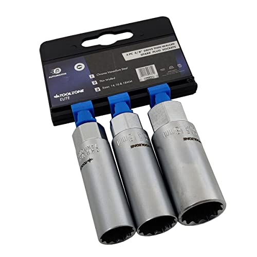 Dunnet Tools 3pc Spark Plug Socket Set 14mm 16mm 18mm Sockets Tools Metric 3/8 Deep Socket Set Spark Plug Removal Tool Heavy Duty Professional Mechanic Tools With Rubber Inserts Tools Set Mechanic