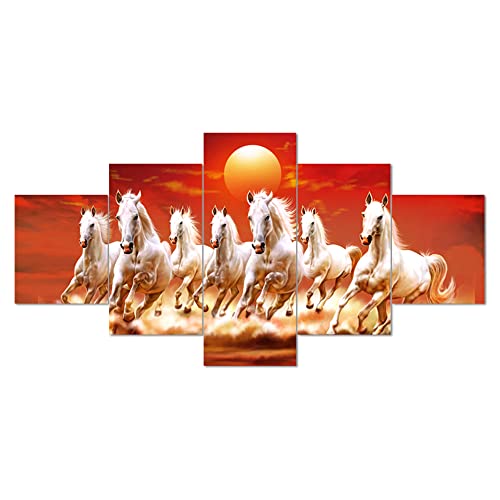Image of Clasiko Set Of 5 Pcs 3D Wall Painting With Frame; Color - 7 Horses With Sun; Size - 24x50 Inches;