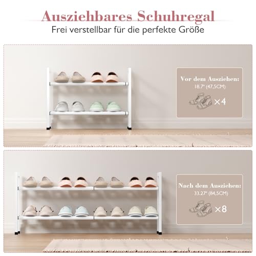 Image of Bumusty 2-Tier Expandable Shoe Rack for Closet, 18 inch-33 inch Adjustable Shoe Rack for Small Space, Small Shoe Organizer for Front Door, Sturdy Metal, White