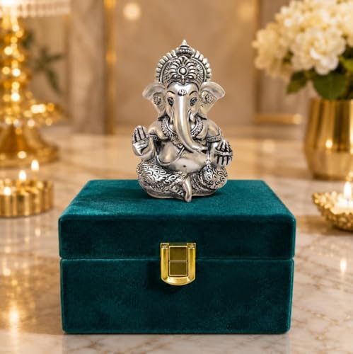 Image of Gold Art India Lord Ganesha 999 Silver Plated Idol | Antique Matte Finish | Premium Velvet Gift Box | Ganesh Murti for Car Dashboard, Home Temple, Office Desk | Luxury Spiritual Gift for Housewarming