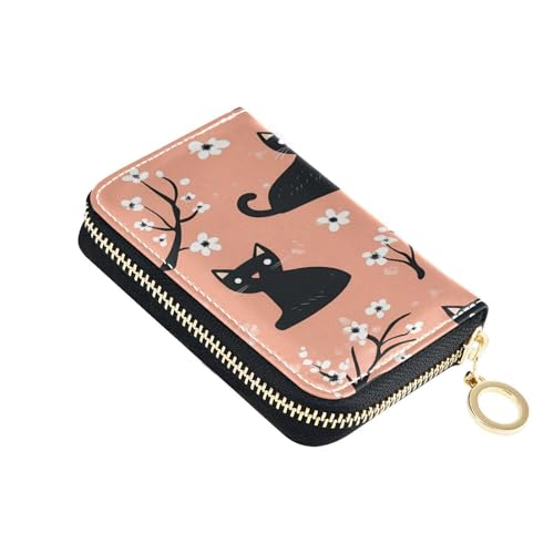 BOESI Doodle Black Cat and Flower Leather Card Holder, Credit Card Holder Wallet, RFID Blocking Credit Card Holder, Organizer Zipper Wallet
