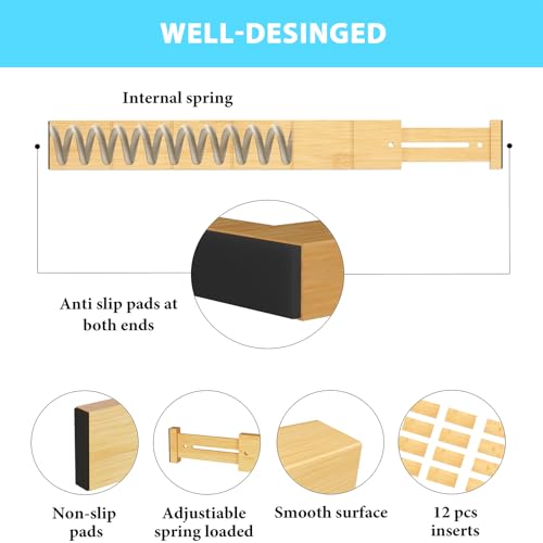 6 Pack Bamboo Drawer Dividers with 12 Inserts, Expandable Adjustable Clothes Drawer Organizers and Storage from 17" to 22" for Kitchen, Bedroom, Dresser, Cosmetics (Natural) - Image 4