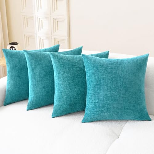 Image of CaliTime Throw Pillow Covers Decorative 18 X 18 Inches Pack of 4 Cozy Chenille Cushion Cases for Couch Sofa Bed Living Room Home Lake Blue