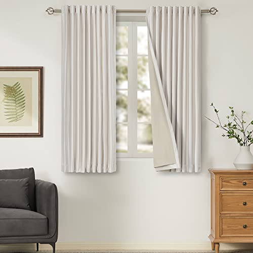 Image of 100% Blackout Ivory Off White Velvet Curtains 63 inch Long for Living Room,Set of 2 Panels Liner Rod Pocket Back Tab Thermal Window Drapes Room Darkening Heavy Decorative Curtains for Bedroom