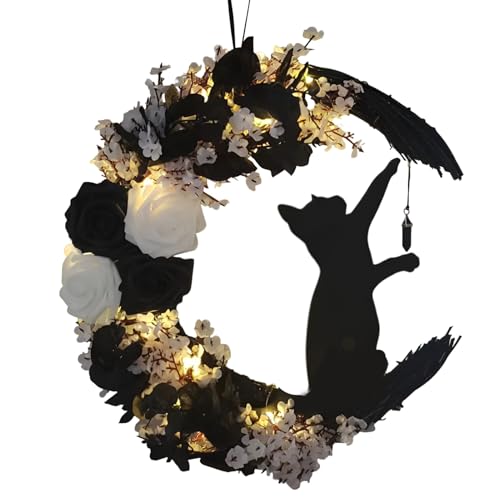 Corona de puerta de luna y luna, corona de pared para puerta de Halloween, adorno gótico de ambiente de terror para amantes de los gatos para jardín, sala de estar