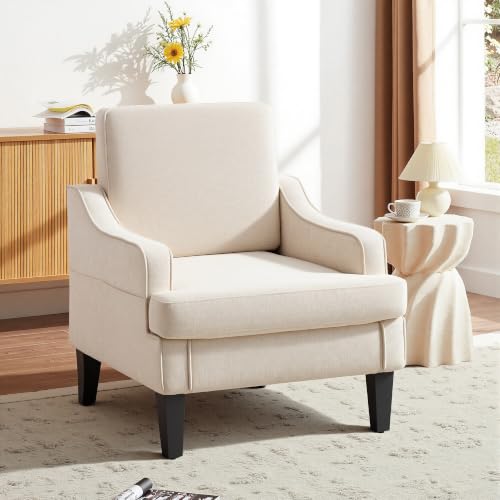 Image of Mid-Century Accent Chairs Set of 2 for Living Room, Comfy Arm Chair Fabric Reading Chair for Bedroom, Upholstered Single Chair with Wood Legs for Apartment, Waiting Room, Vanity Room(Beige)