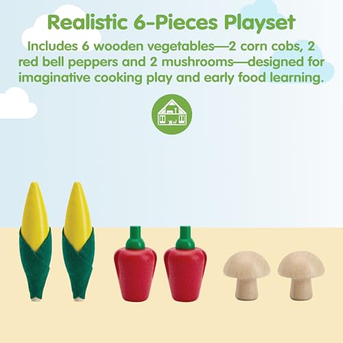Image of PlanToys Wooden Fresh Produce Corn, Mushrooms & Bell Peppers Kids Play Set | slicing, knife, fruits and vegetables toys, pretend food, girls, boys, fine motor role imaginative social gift preschool
