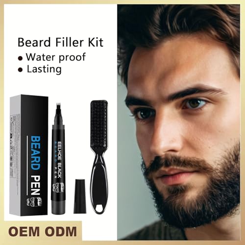 Waterproof Beard Filler Kit for Men - Pencil, Pen, Darkener Marker with Natural Finish for Beard, Moustache & Eyebrows - Bristle Brush Included