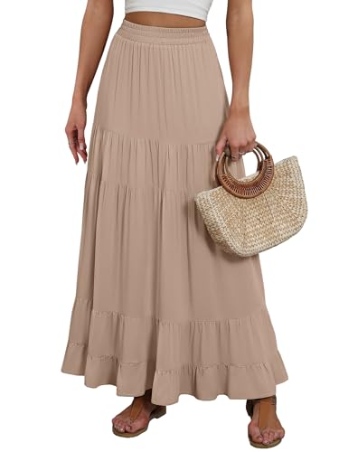 ANRABESS Womens Maxi Skirt Elastic High Waist Swing Tiered A-line Flowy Pleated Boho Beach Vacation Long Skirts Tan Brown Large