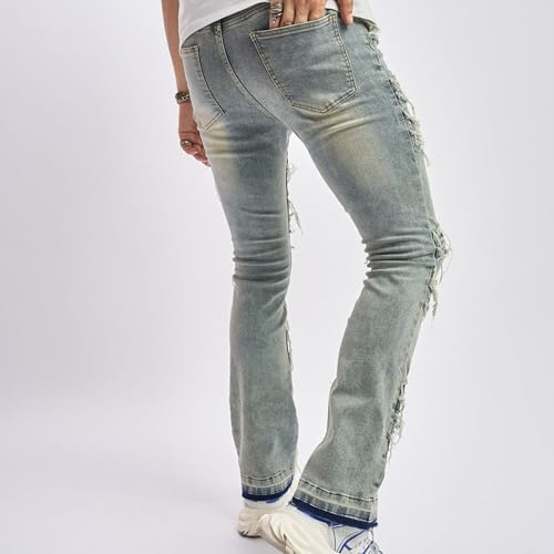 Mens Frayed Stacked Jeans Ripped Slim Fit Distressed Denim Pants Y2K Style Soyellow Streetwear Look3