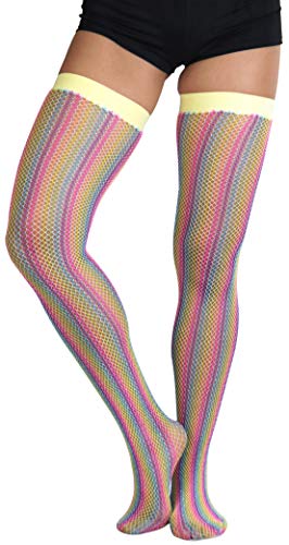 Image of ToBeInStyle Women's Rainbow Bright Multicolor Nylon Thigh High Stockings