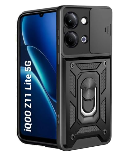 SESS XUSIVE Tough Armor Bumper Back Cover Case for Vivo T5 Lite 5G | Sliding Camera Cover, Kickstand & Ring Holder | 360 Degree Protection Back Cover Case for Vivo T5 Lite 5G - Black