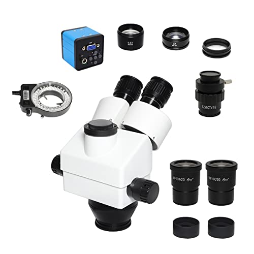 Microscope 3.5X-9 0X 7X-45X White Simul-Focal Trinocular Zoom Stereo Microscope Head 0.5X 2.0X 1x Auxiliary Lens for Phone CPU PCB Repair(VGA add CTV 0.5)
