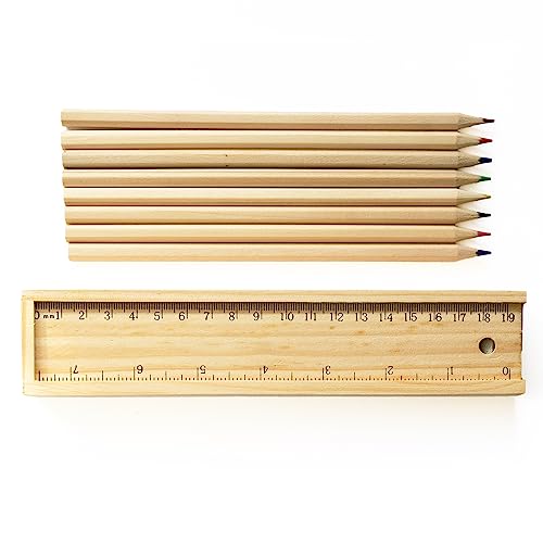 Chinchilla® Natural Wooden Crayons STRAIGHT | 8 piezas | Afilado | Estuche de madera con regla | para niños y ocio | Pintura creativa | Colores vibrantes | Regalo para pequeños artistas