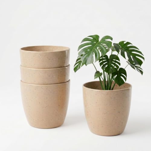 Image of YUCCABE ITALIA SHERA Stella 10 Inch Plastic Plant Pot for Home Decor Indoor Plant Pots for Living Room Plastic Flower Pot for Garden (Stone Beige, 10 INCH - 4 Pcs)