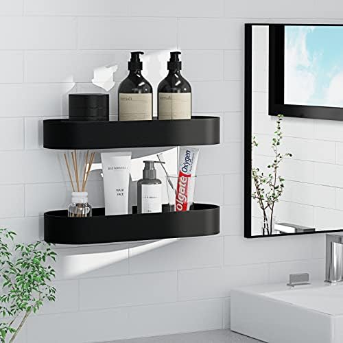 Bestdon Bathroom Shelves No Drilling, Self Adhesive Shower Shelf, 2 Pack Black Shower Storage Caddy, Spice Rack Wall Mounted Shower Basket, Rustproof, Aluminum