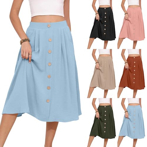 HGps8w Women's 2025 Summer Pleated Midi Skirt, Trendy Casual Button Front Swing A-Line High Waisted Skirts with Pockets2