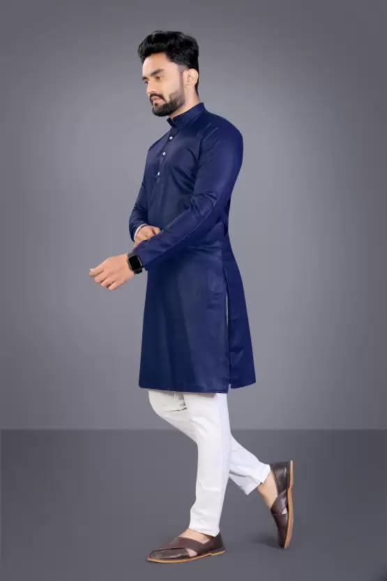 Image of weltpocket Men's Cotton Blend Solid Straight Kurta Pyjama