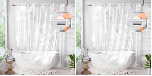 Image of AmazerBath No Hook Shower Curtain and Liner 3-in-1, 100% EVA Luxury Soft Heavy Duty Clear Shower Liner, 72x75 Hookless Shower Curtain with 3 Heavyweight Stones (Pack of 2)