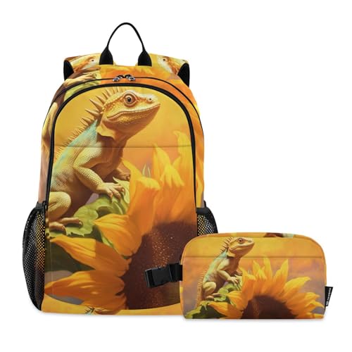Lizard Sunflower Backpack Lunch Bag Set for Travel Hiking Picnic, Backpacks with Insulated Lunch Box