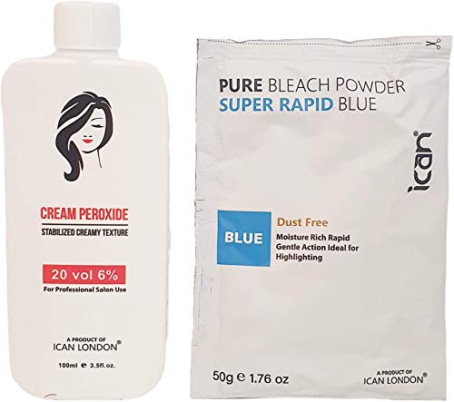ICAN LONDON Crème peroxyde professionnelle 20 VOL 6 % 100 ml + poudre de blanchiment bleue rapide 50 g Cover