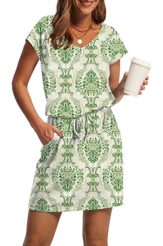 Image of OFEEFAN Summer Dresses for Women 2026 V Neck T Shirt Casual Mini Dresses Tie Waist Sundresses with Pockets