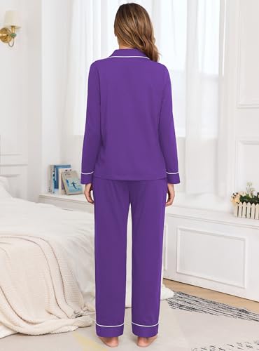 Image of Veseacky 100% Cotton Women's Pajama Set Long Sleeve Button Down Sleepwear Soft Pjs Lounge Sets Nightwear Pjs XS-XXL
