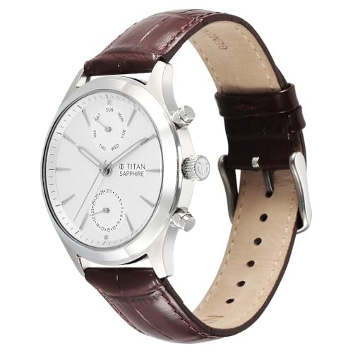 Image of Titan Sapphire Quartz Multifunction White Dial Brown Leather Strap Watch for Men - NT1874SL03