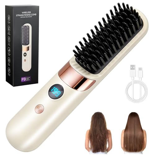 KutaKuta Cepillo Alisador Pelo, Lones Negativos Antiencrespamiento Cerámica Cepillo Alisador De Pelo, 4 Temperaturas Con Pantalla LED, Portátil Cepillo Plancha Pelos para el Pelos Corto