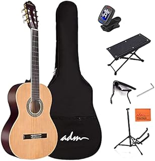 ADM Full Size Classical Nylon Strings Acoustic Guitar 39 Inch Classic Guitarra Starter Bundle for Adult with Free Lessons, Gig Bag, E-tuner, Footstool, Kids Student Beginner Kits, Nature